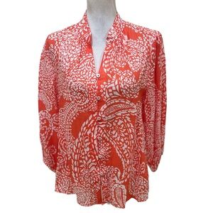 Chico's Rami Coral/White spilt neck mosiac Print Button-Front Blouse cotton sz 8
